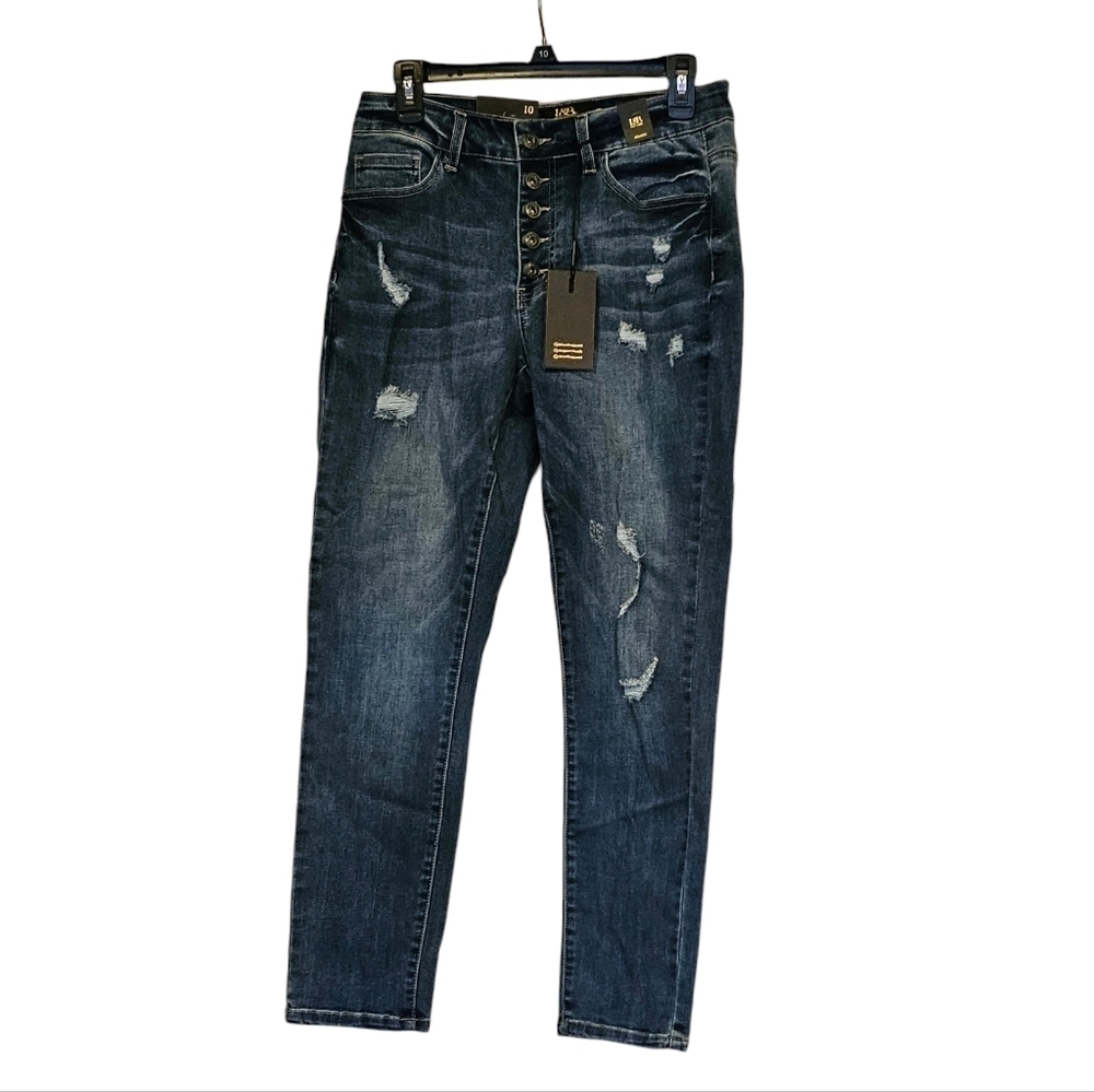L & B Mid Rise Ankle Skinny Distressed Button Up Fly Blue Denim Jeans Size 10